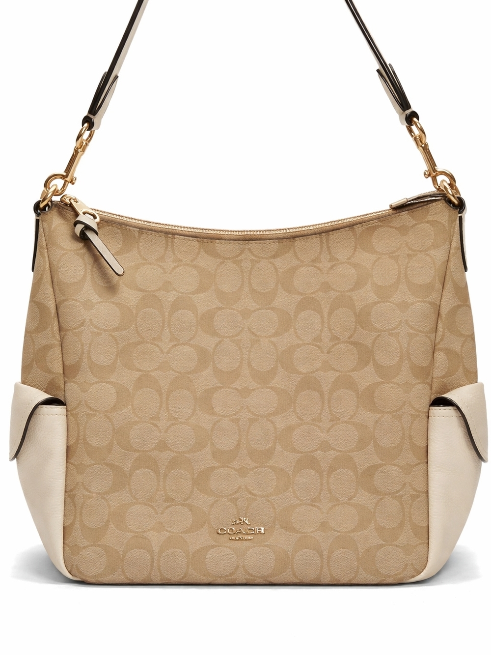 Coach Pennie Signature Canvas Shoulder Bag Khaki Chalk Leather Trim Gold